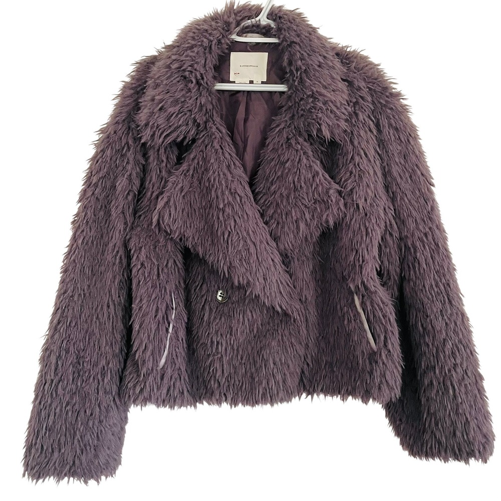 Anthropologie Faux Fur Jacket Purple Mauve Shaggy‎ Double Breasted Coat Medium